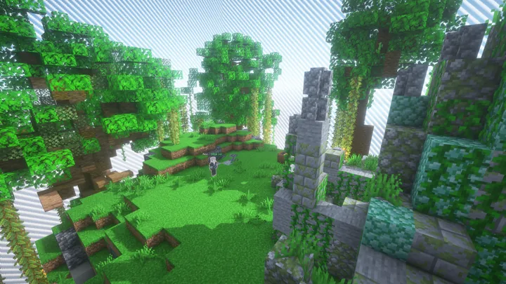A player island surrounded by trees and ruins