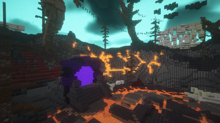 The Underworld, lava and portals under a teal sky