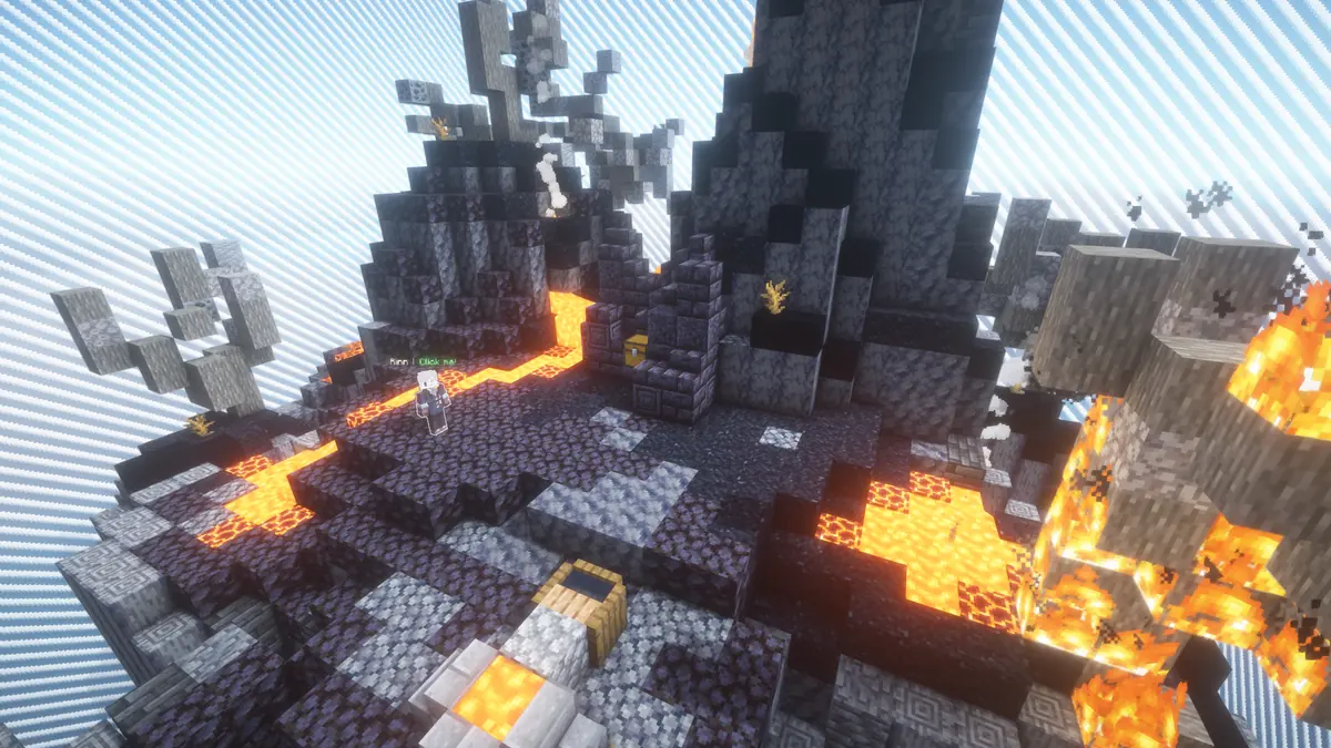 A Skyblock island with lava flows and mined stone